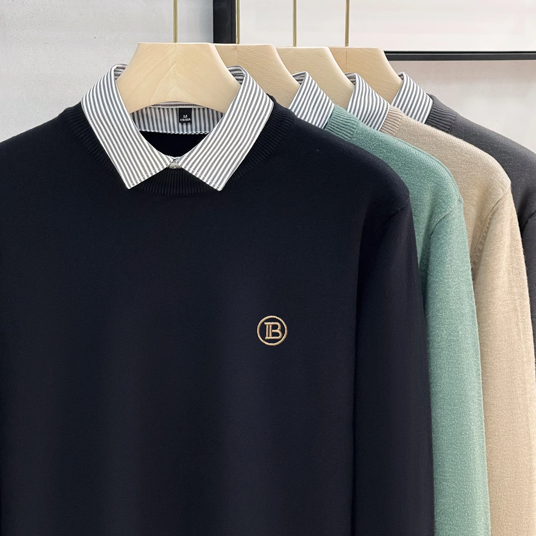 男士假两件衬衫毛衣男款冬季春秋款高档毛衣针织打底衫线衣男装潮