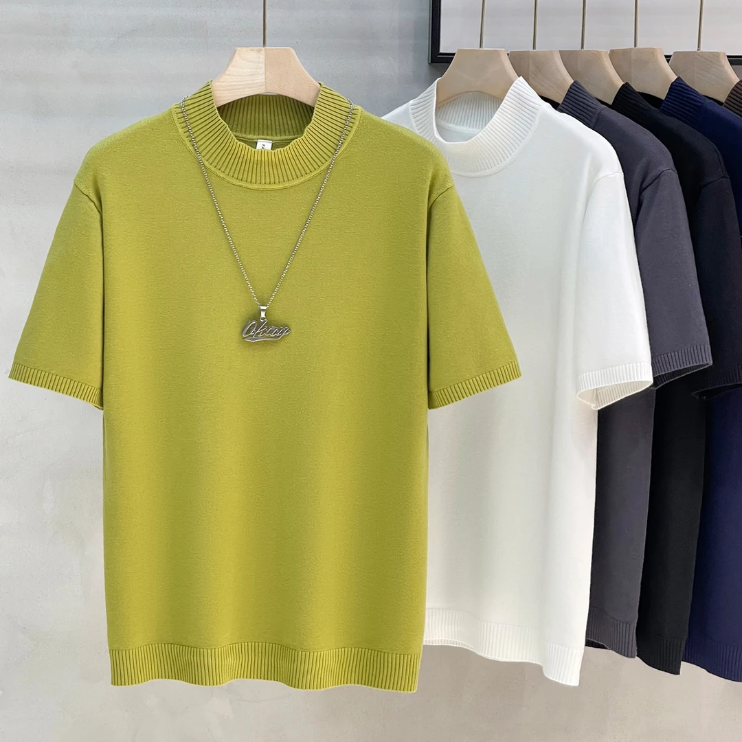 莱赛尔仿羊半高领针织衫毛衣男春秋款打底中领简约短袖T恤男轻熟