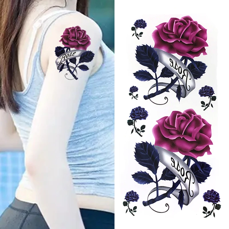 【3张】彩色玫瑰花女款防水持久纹身贴 胸口唯美图案立体 清晰 色彩