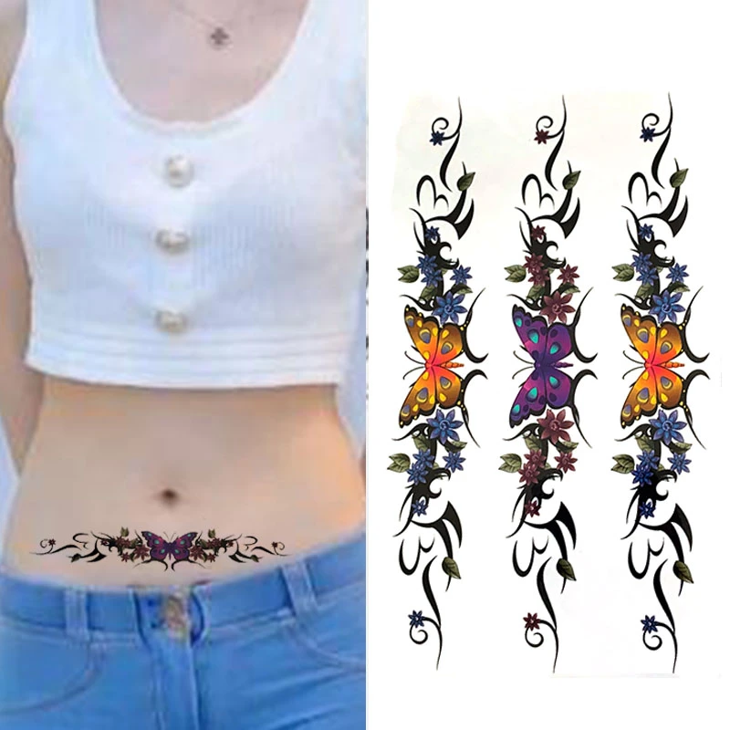 【3张一份】彩色长条防水贴纸 女款持久蝴蝶贴画花朵腹部贴画性感