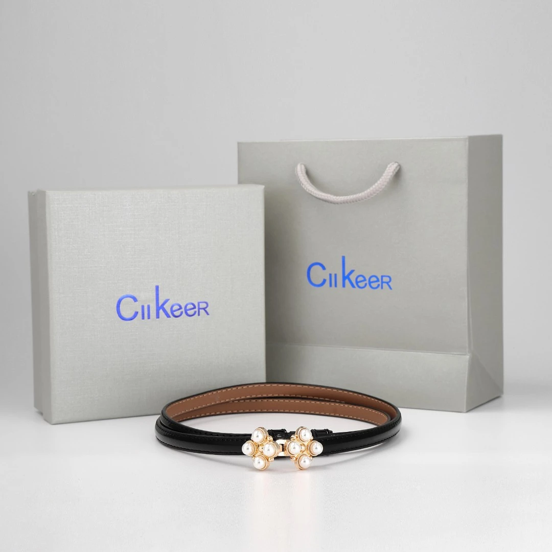 CIIKeer女士二层牛皮四叶草珍珠扣腰带时尚带扣皮带简约皮带黑白