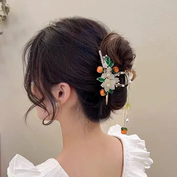 锌合金合成锆石发饰 古风抓夹流苏吊坠铃兰花朵珍珠高级感气质