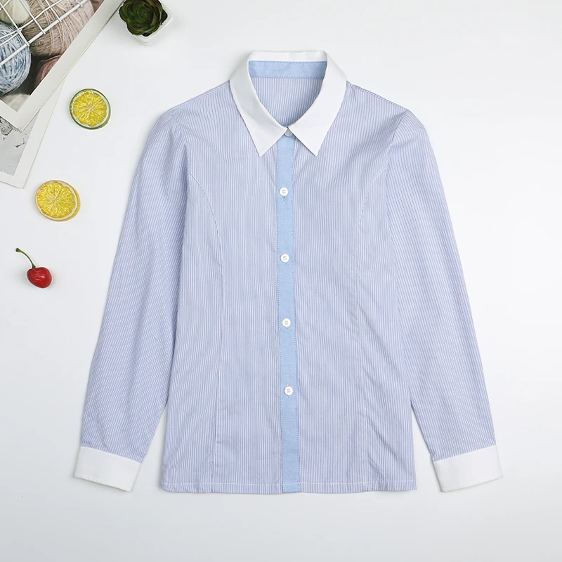 小学生校服衬衫蓝白条纹衬衫长袖春秋中大童儿童女童纯棉衬衣