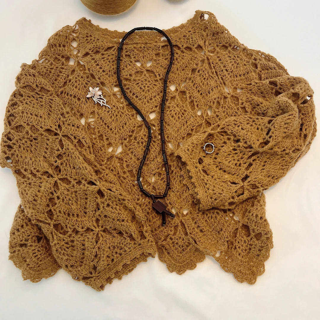 祖母方格拼接马海毛秋冬冬季休闲韩版毛衣针织上衣镂空咖色百搭