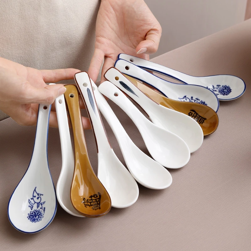 10只装家用创意骨瓷小调羹面馆专用商用长柄青花陶瓷加长面碗勺子