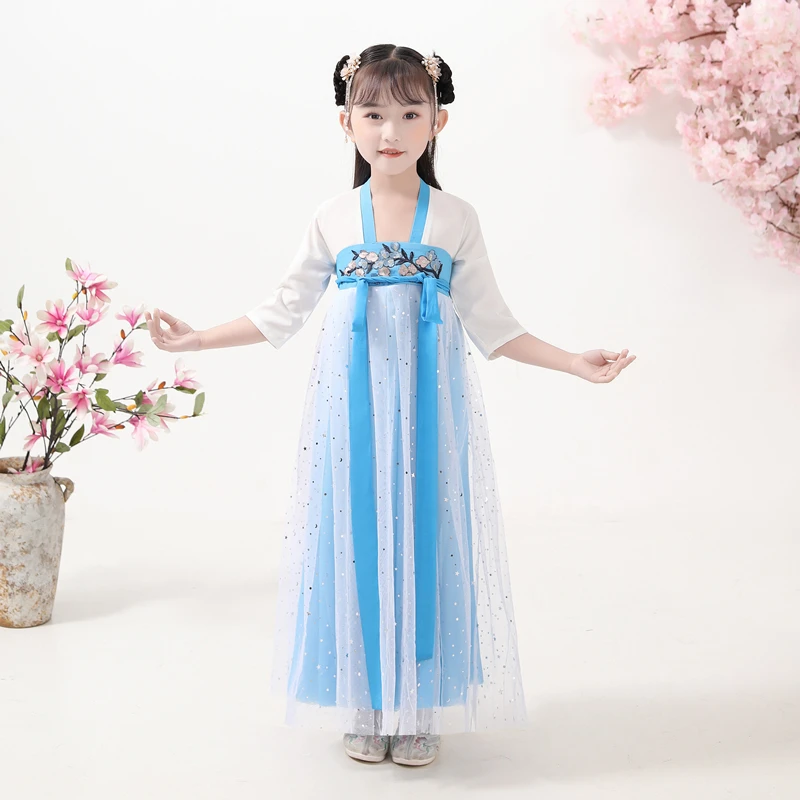 汉服纱裙童装中国风连衣裙纱纱浅蓝色公主裙小仙女裙子飘逸大裙摆