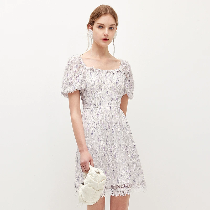 miss COCOON蕾丝收腰公主裙夏新款女气质方U领法式a字连衣裙