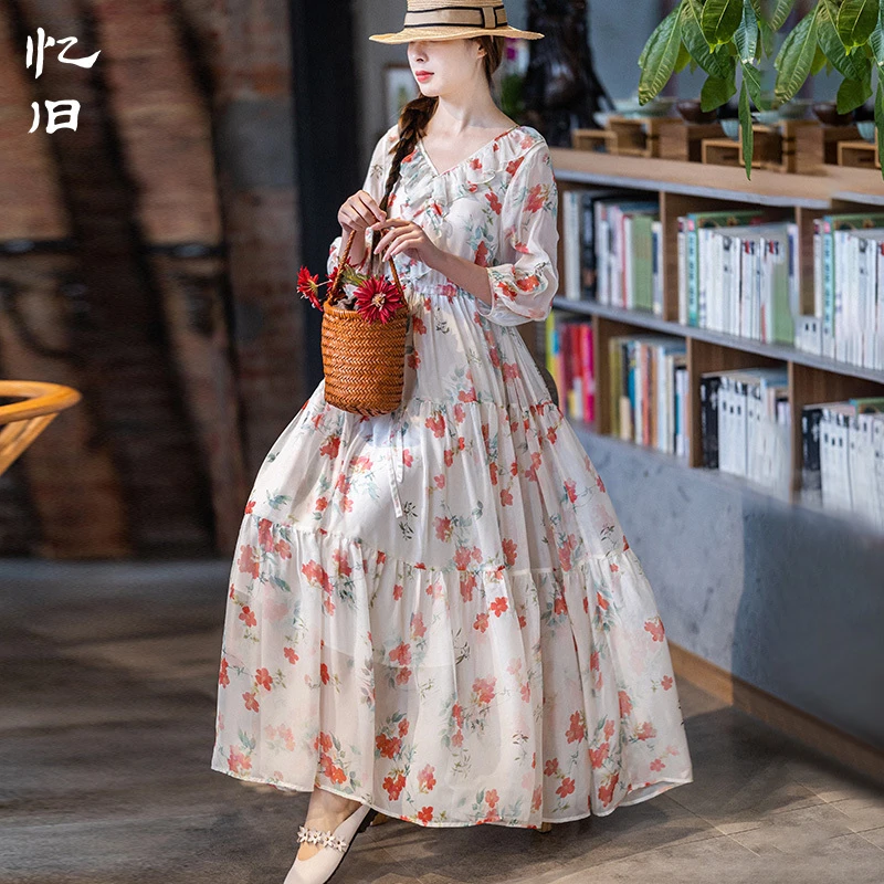 现货2350【城南花开】雪纺印花连衣裙女春新款气质长裙女人味裙子