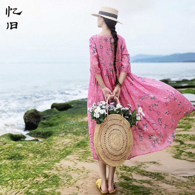 现货1950春夏半袖印花连衣裙女中长款新款套头苎麻长裙宽松裙子
