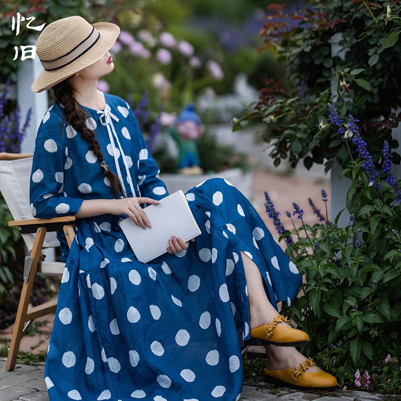 现货忆旧【一语呢喃】苎麻连衣裙女夏2023新款气质波点开衫式长裙