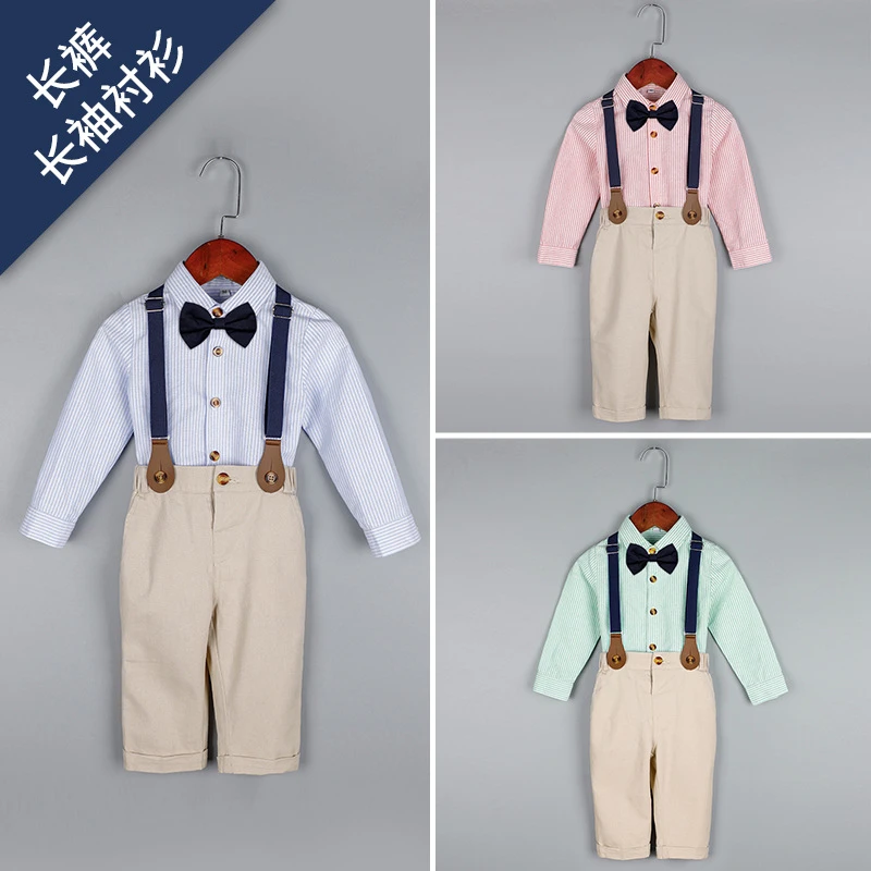 男童套装夏季新款帅气短袖衬衫背带裤两件套幼儿园毕业服演出礼服