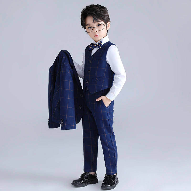 儿童小西装秋季帅气格子款男童钢琴摄影礼服套装宝宝周岁花童表演