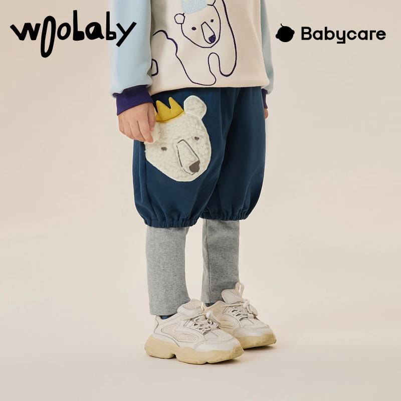 【秋-裤子】woobaby童装22年假两件大PP裤儿童熊头裤子WB2203060