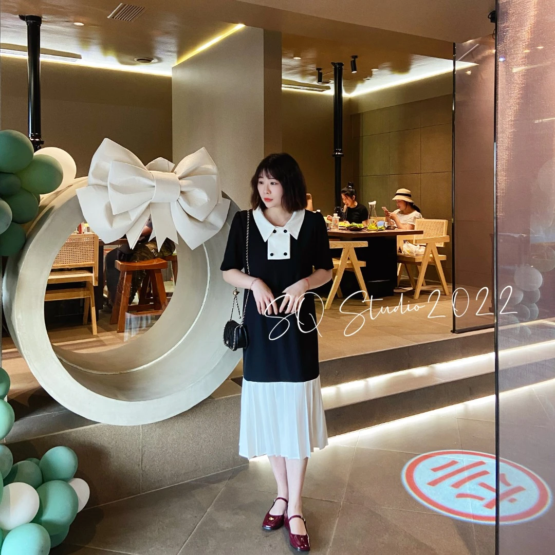 仲夏夜之梦黑白拼色连衣裙QQA299卡码拍大