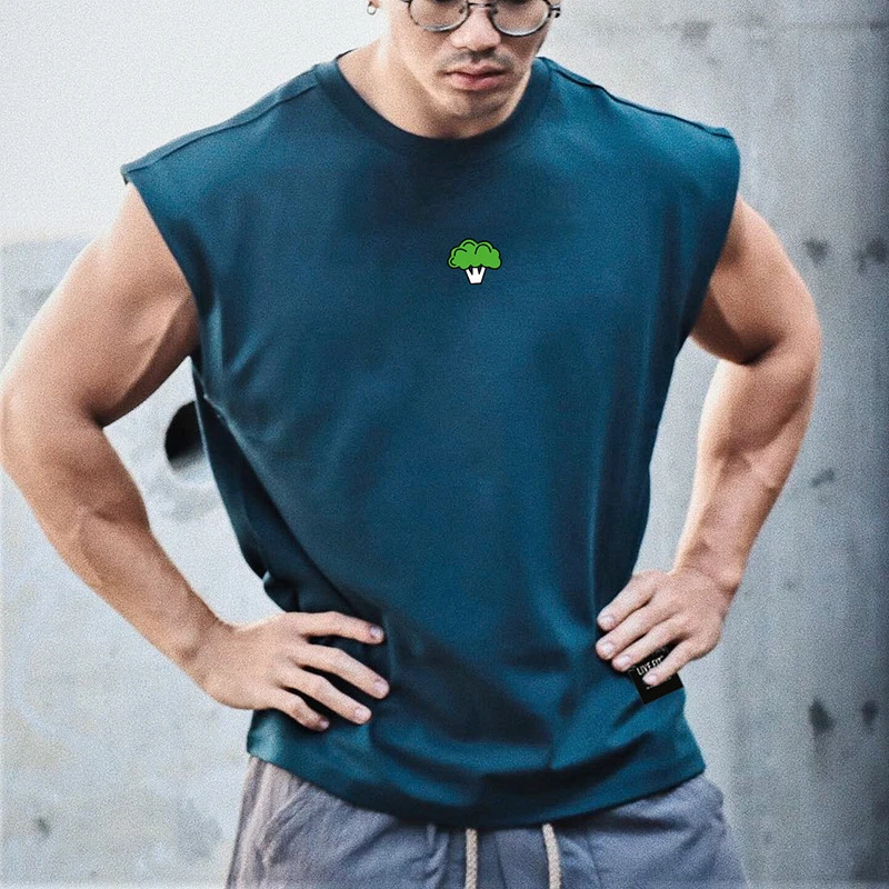 西蓝花元素背心男夏季坎肩无袖T恤肌肉撸铁运动健身美式训练背心