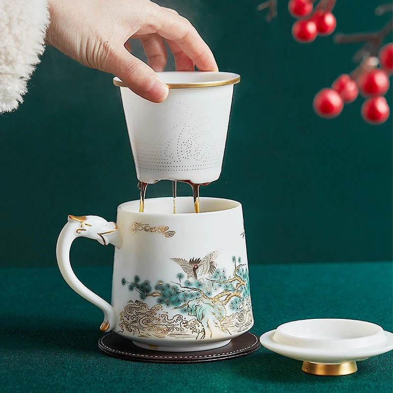 铮兮羊脂玉马克杯带盖过滤茶水分离泡茶杯家用办公室高档杯子礼品