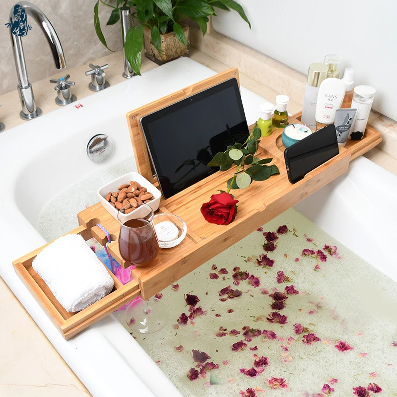浴缸架竹木置物架伸缩防滑浴缸浴室置物架平板手机架泡澡木桶架