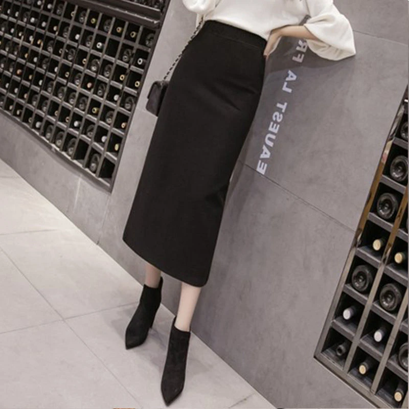 毛呢半身裙秋冬季加绒长款百搭新款高腰包臀裙女黑色显瘦一步裙子