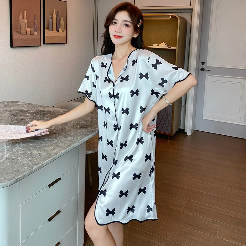 睡裙女夏季冰丝短袖薄款中裙蝴蝶结甜美休闲性感开衫可外穿家居服