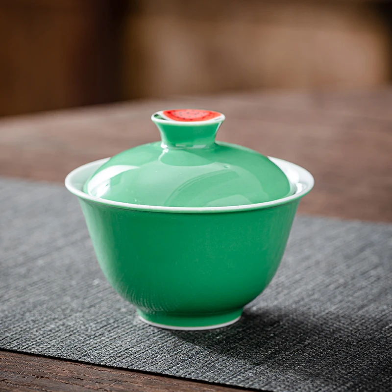 百垚纯手绘西瓜盖碗家用陶瓷清新风三才盖碗泡茶碗敬茶碗功夫茶具