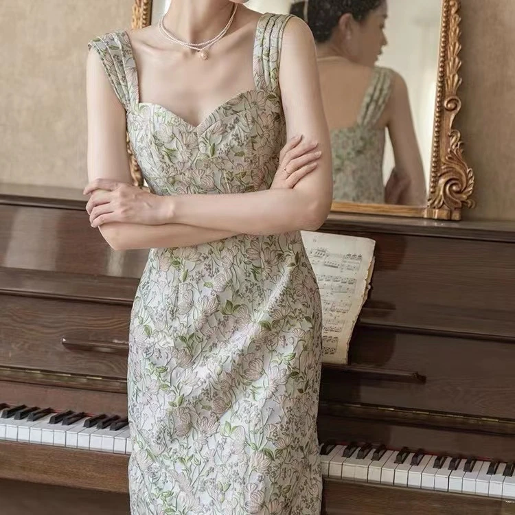 （艺术绘画长款）一字肩提花复古中长连衣裙女气质高no tui no换