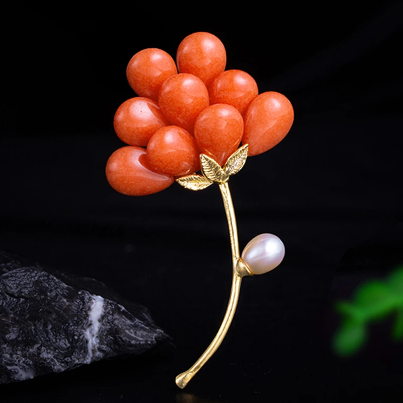 洛曼诗铜合金素款胸针红色天然珍珠胸花女高档奢华韩国复古西装