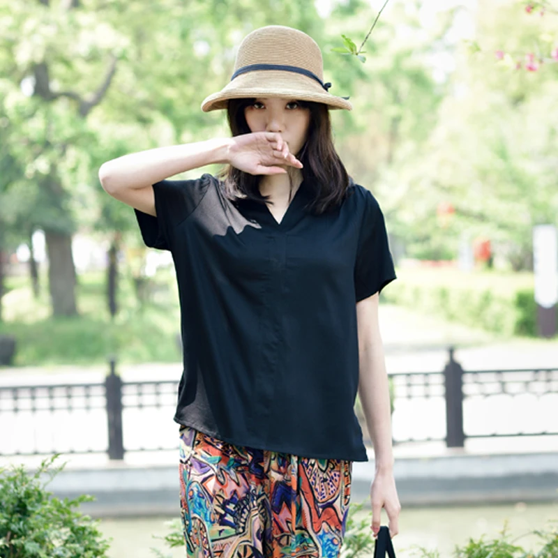 绒锦晟黑色女夏新款2025宽松洋气短袖时尚人造棉绵大码七分袖上衣