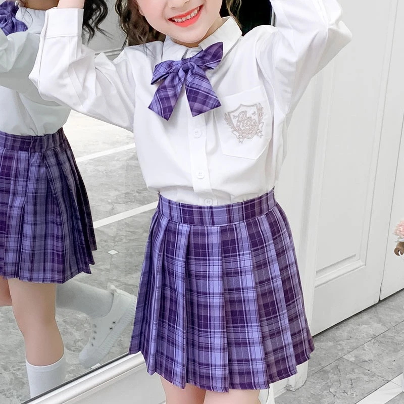 格子刺绣衬衫小学生风琴褶中大童洋气上衣学院风儿童长袖白衬衣