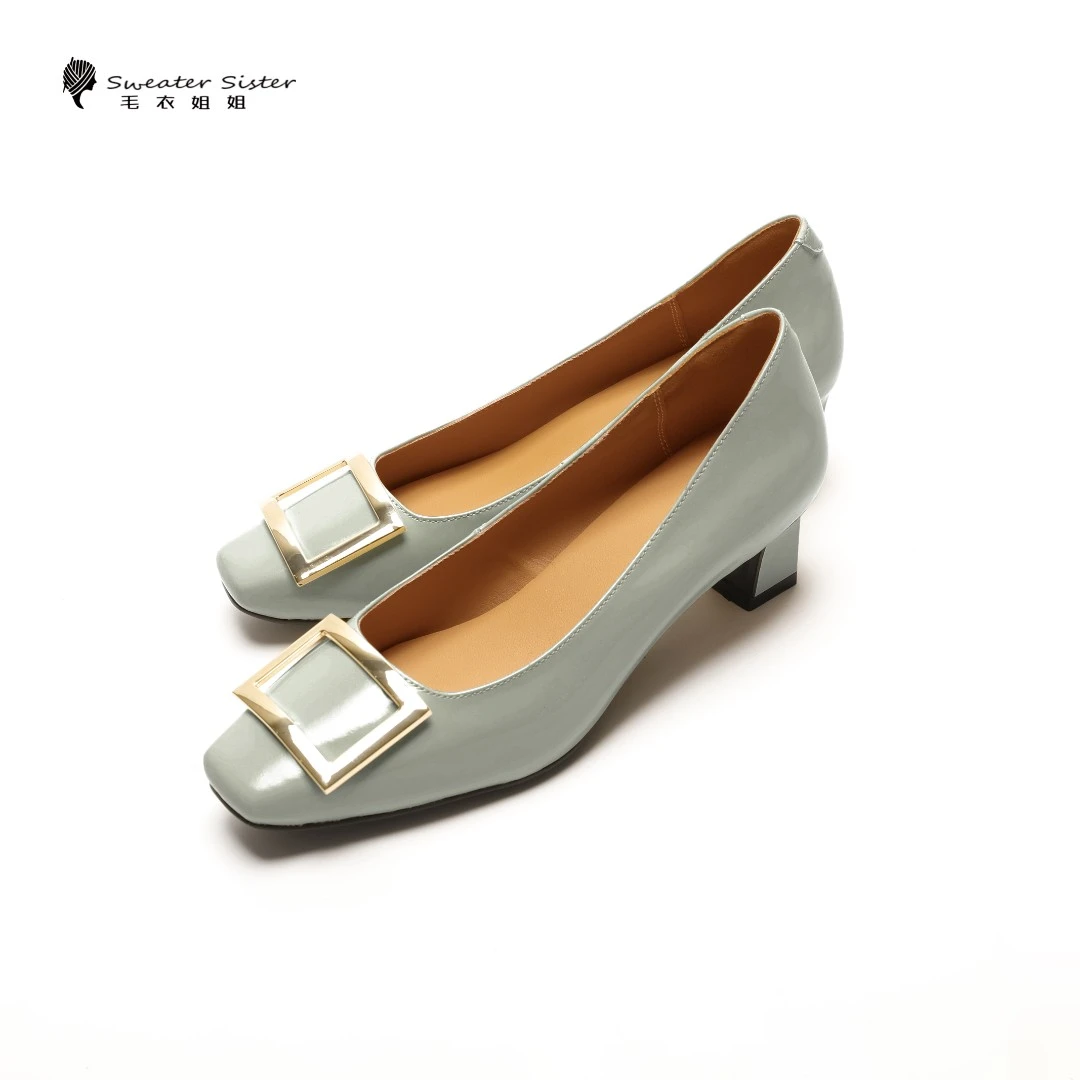 毛衣姐姐新款气质矩形金属扣浅口高跟鞋女百搭粗跟单鞋20760