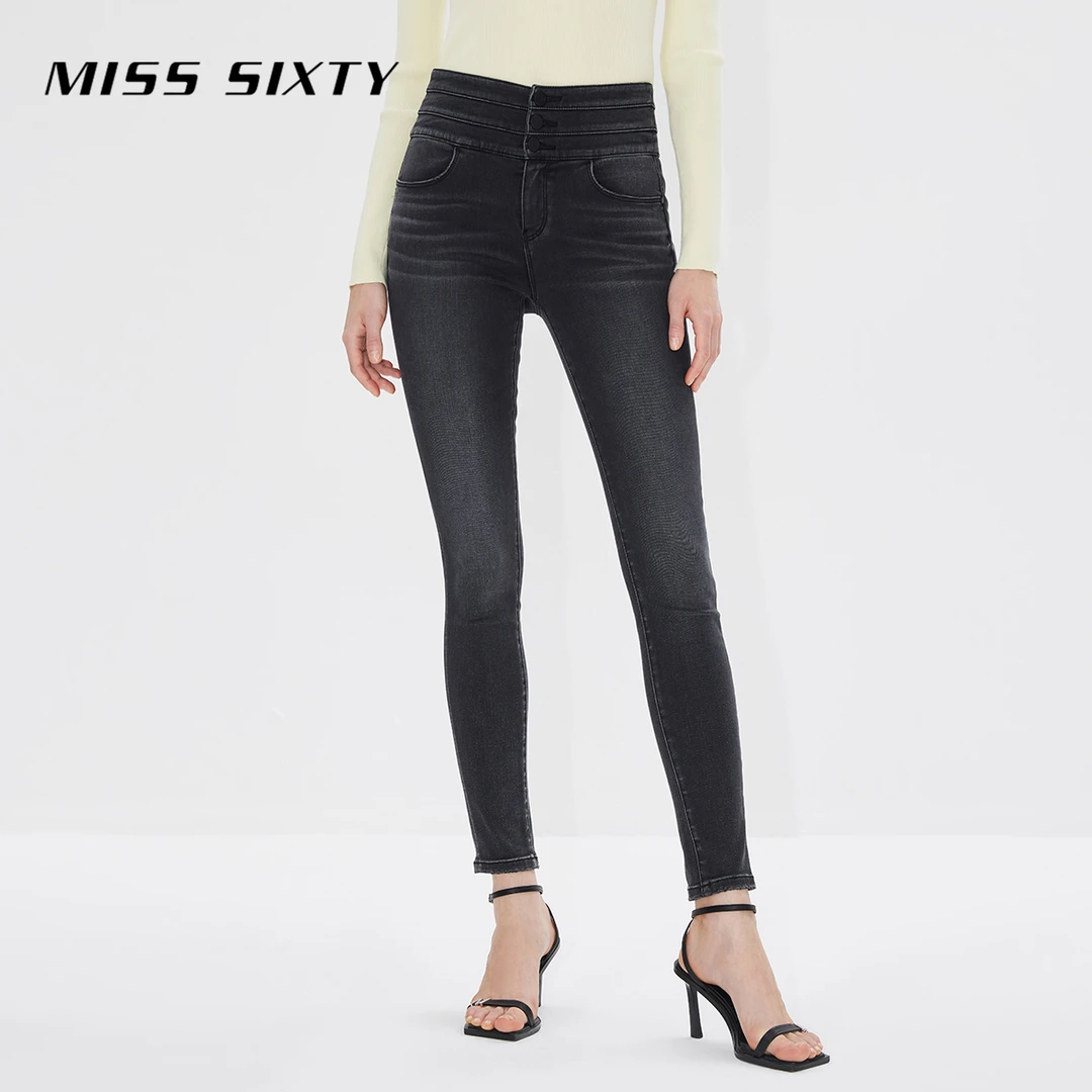 Miss Sixty磨毛牛仔裤女三环高腰显瘦百搭修身小脚黑灰色铅笔裤