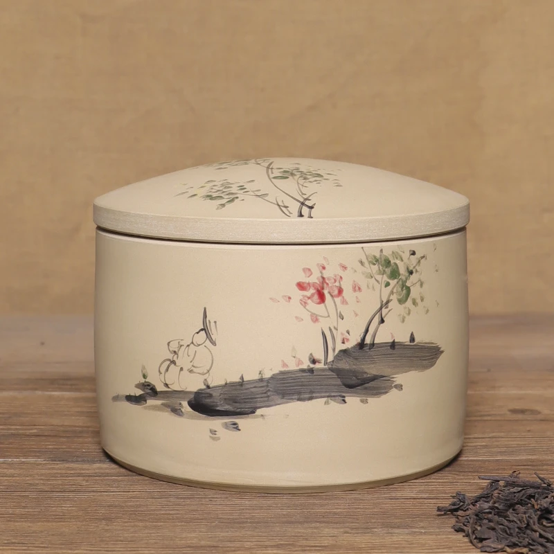 【滇匠】滇匠建水紫陶白泥彩绘直桶型普洱茶散茶茶叶存茶罐