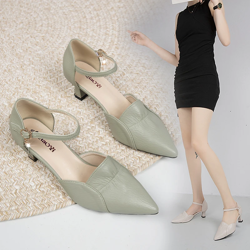 2024春款高跟鞋百搭时尚气质厚底百搭真皮原创品牌手工小众中空