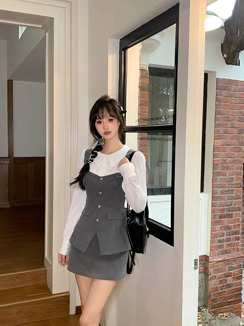 越韩小鱼'利斯顿少女 韩系灰马甲白衬衫假两件半裙两件套显瘦气质