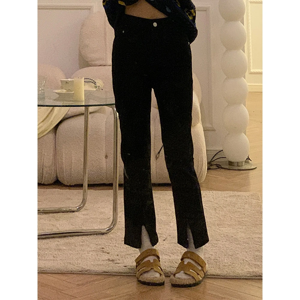黑色开叉牛仔裤女秋季宽松显瘦大码胖mm弹力小个子九分烟管裤子潮