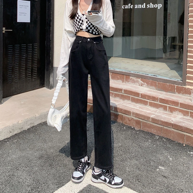 黑色大码牛仔裤女春秋新款高腰直筒宽松显瘦胖mm阔腿梨形身材裤子