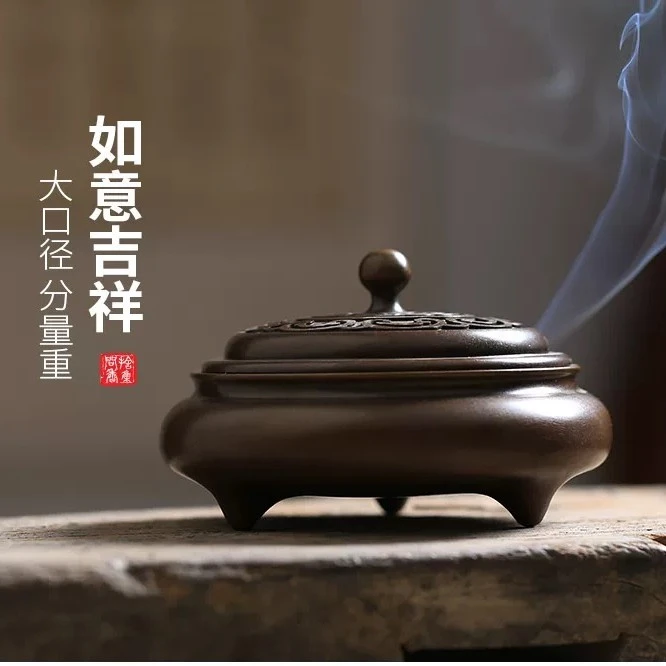 黄铜香炉虎皮纹工艺制作展示三足铜香炉摆件大口径