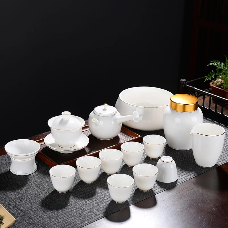 唐蕴-羊脂玉瓷描金功夫中式泡茶具套装陶瓷家用德化白瓷茶杯套装