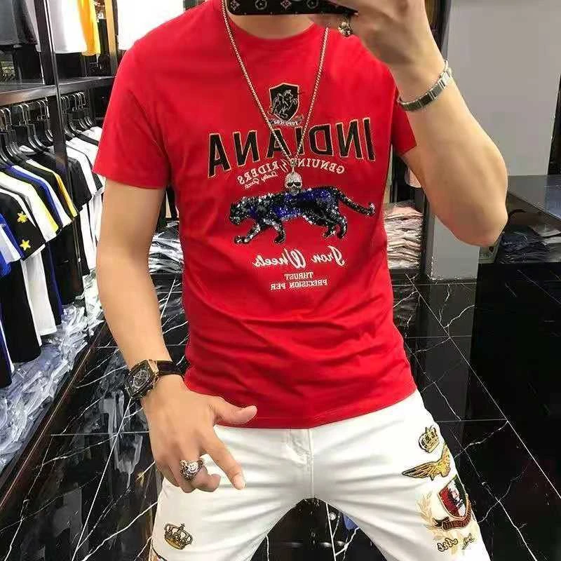 青年亮片短袖圆领T恤上衣烫钻印花t恤男装夏季红色男士精神小伙