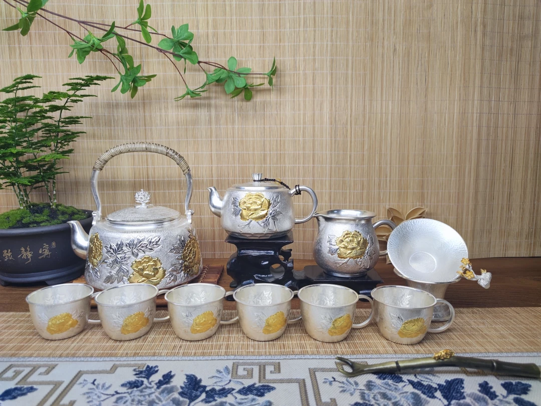 镀金牡丹银茶道套装