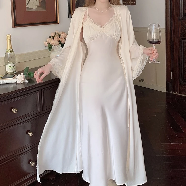 【庄园夫人】温柔暖暖睡袍吊带长款修身家居服优雅气质风两件套