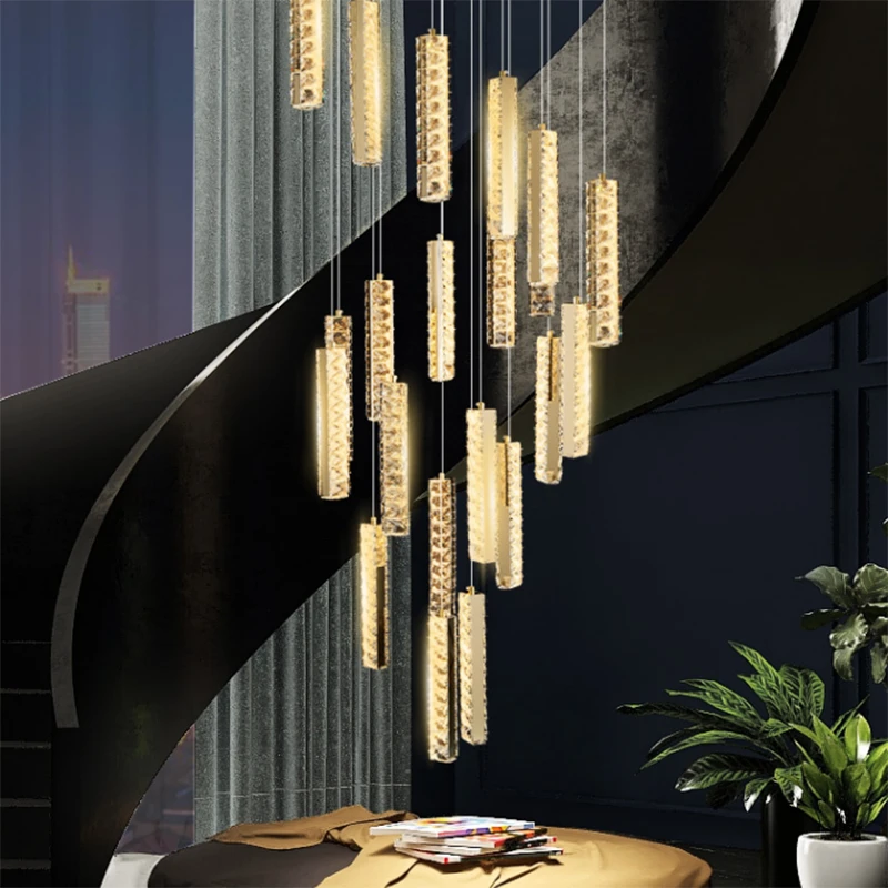 复式楼梯水晶灯灯别墅楼梯间吊灯轻奢酒店家用个性大厅公寓圆形灯