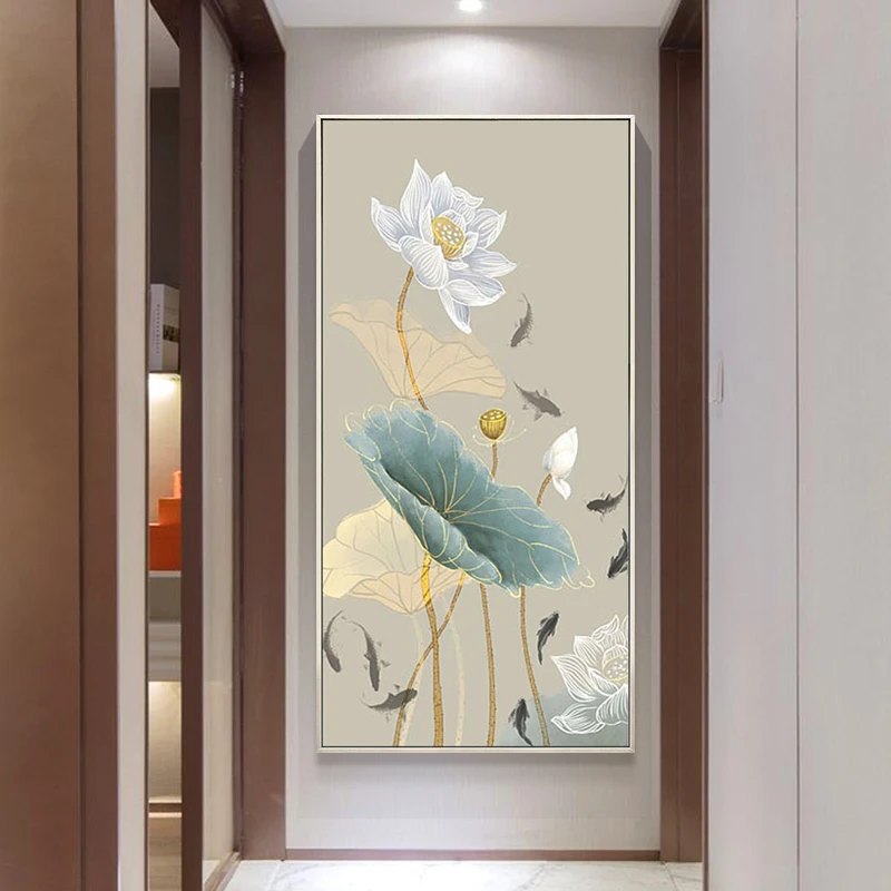 荷花九鱼图新中式手绘油画玄关装饰画风景走廊过道挂画壁画竖版