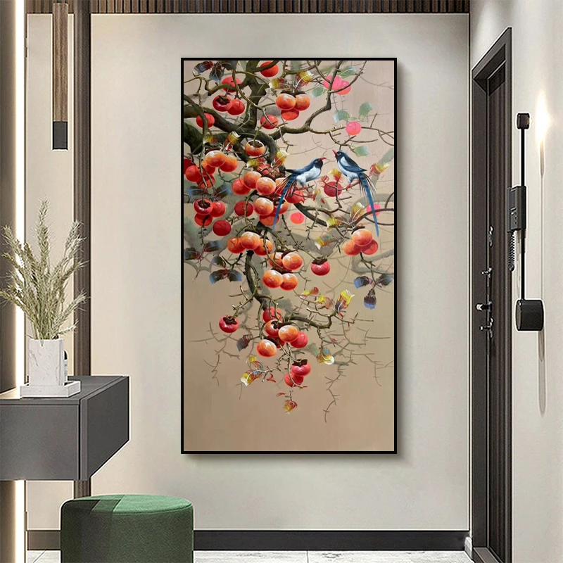 手绘油画入户玄关装饰画现代新中式客厅走廊轻奢柿子挂画柿柿如意