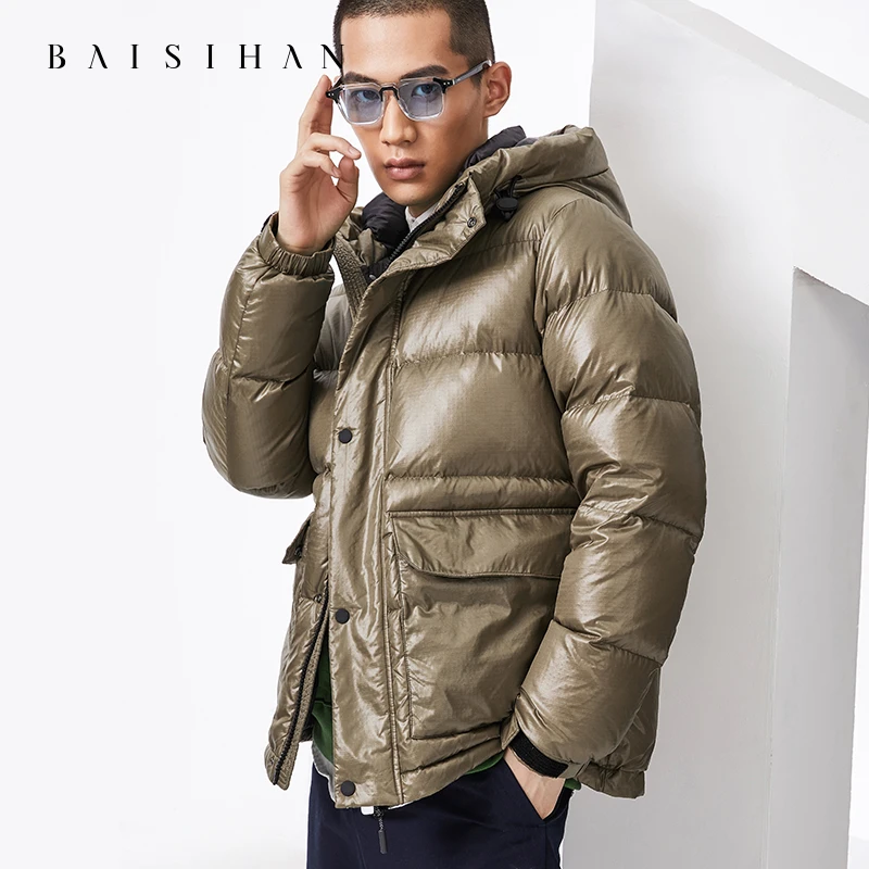 百思寒羽绒服新款男 冬季加厚连帽立领时尚外套 红色鹅绒服