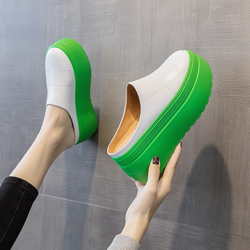 半拖鞋女2025年春季新款拖鞋女鞋纯色厚底增高8公分绿底个性半拖