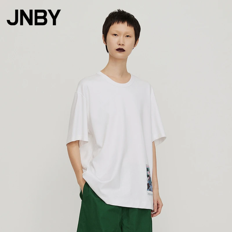 JNBY/江南布衣夏季T恤女短袖简约舒适刺绣织唛宽松圆领5M3112810