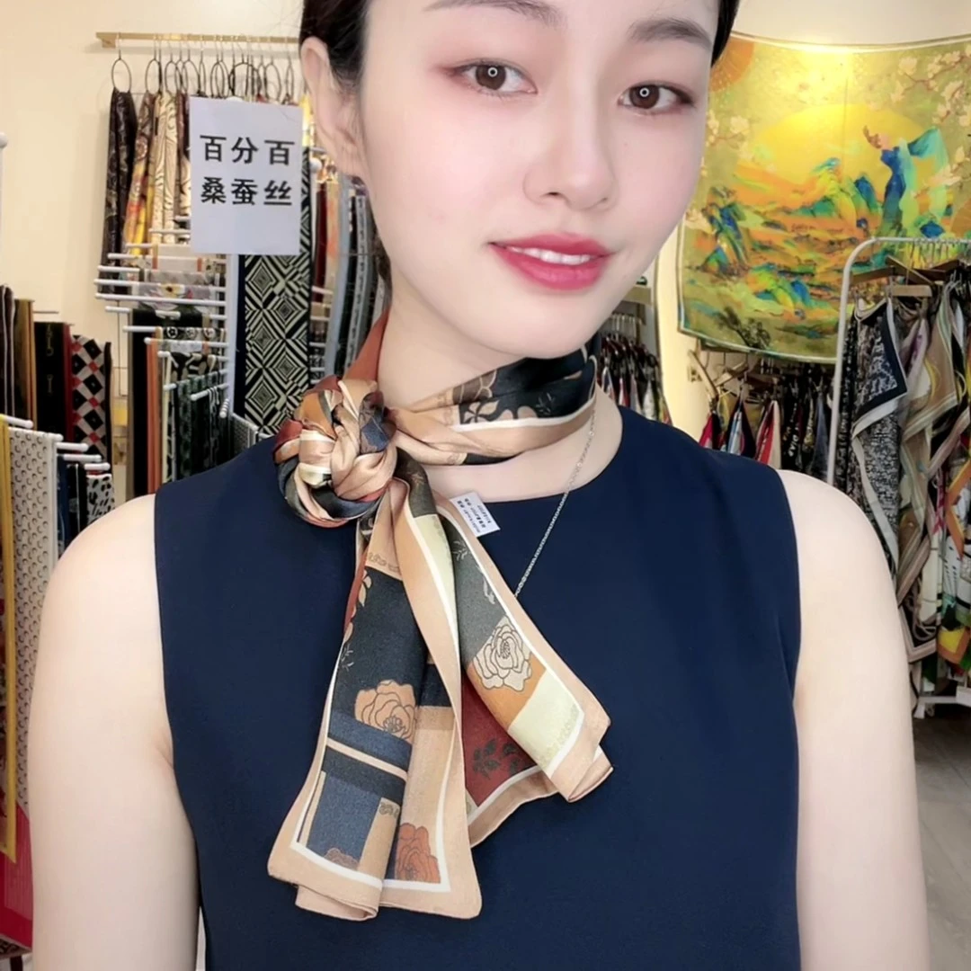H023逐梦鸟桑蚕丝丝巾长巾12姆米杭州丝绸飘带拼色玫瑰花