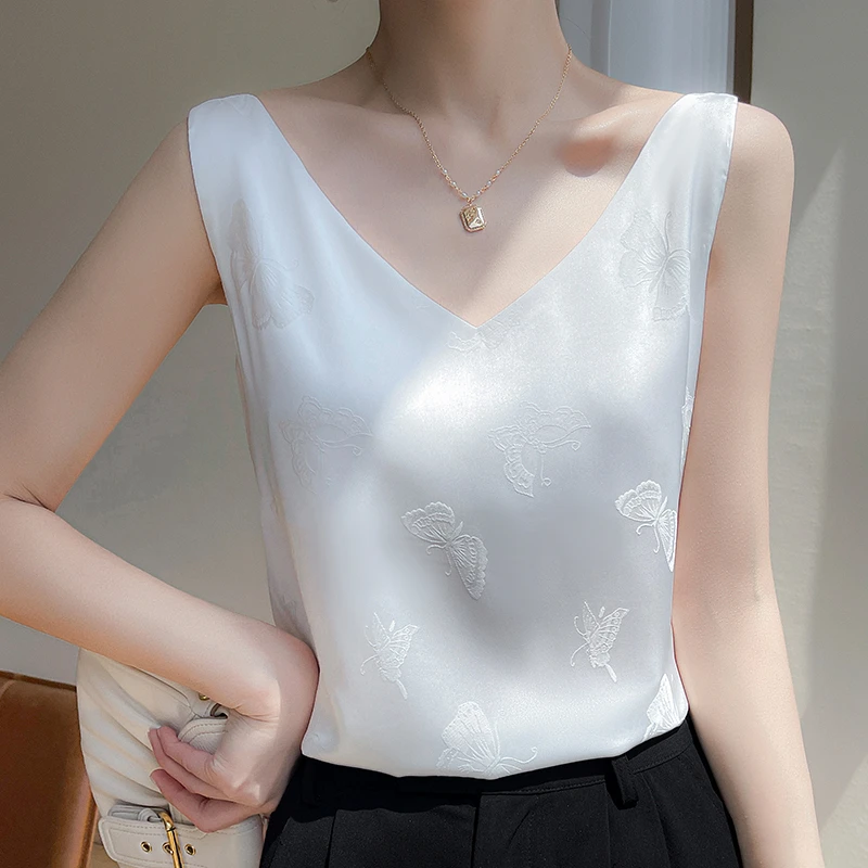 蝴蝶提花女士吊带夏季打底宽松小众设计感气质百搭外穿白色小背心