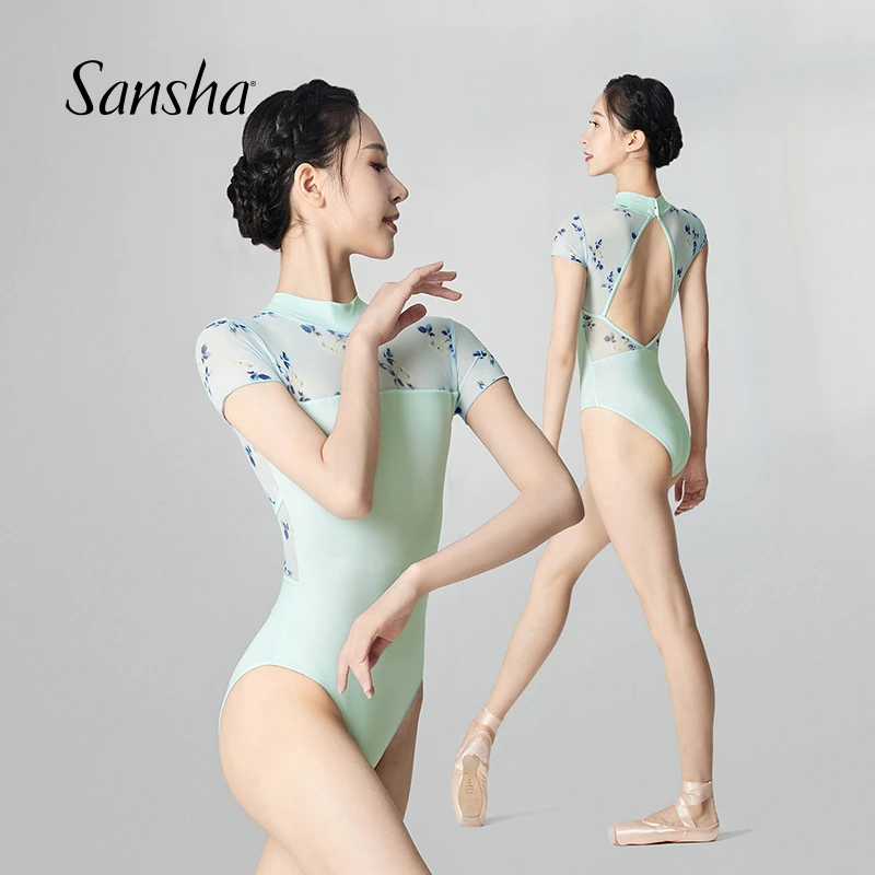 Sansha/三沙芭蕾舞练功服女成人短袖高领蕾丝舞蹈连体服50BA1055P