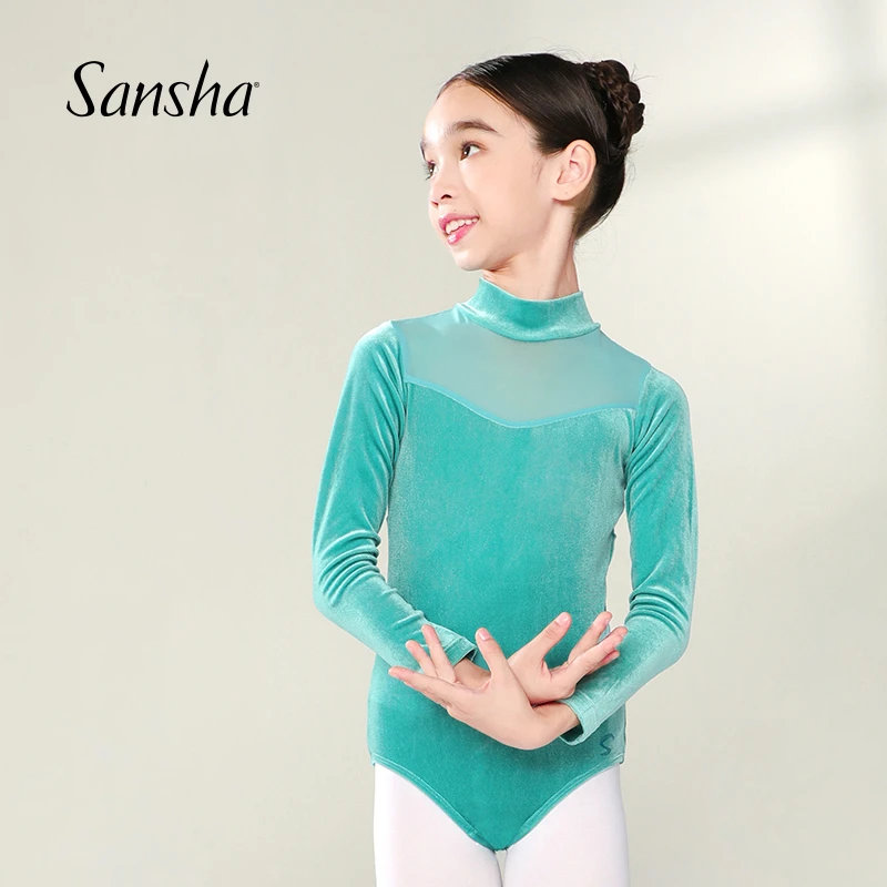 Sansha/三沙儿童舞蹈服女芭蕾舞长袖练功服高领连体服51BA1036P